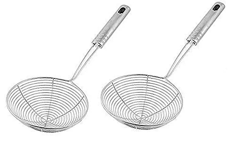 Sakoraware? Stainless Steel (Set of 2) Deep Fry Strainer Wire Skimmer with Spiral Mesh, Professional Grade Handle Spoon Ladle for Pasta/Chips/French Fries (14 cm and 16 cm)
