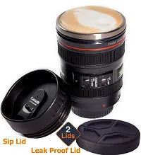 Stainless Steel, Plastic Camera Lens Coffee Mug with 2 Lid - Black-thumb1