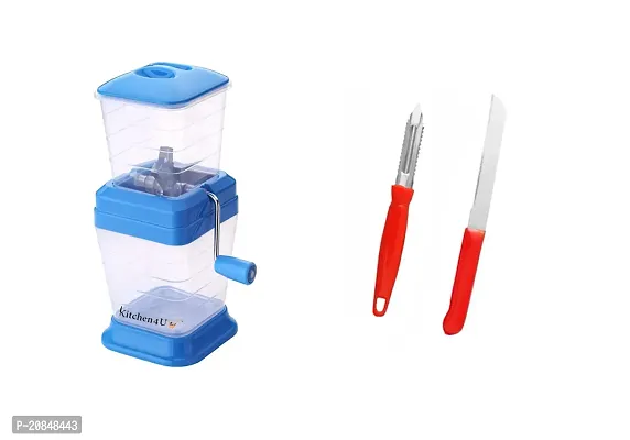 Transparent Plastic onion chopper and chilly cutter with lid and SS blade knife and peeler for kitchen (pack of 3)