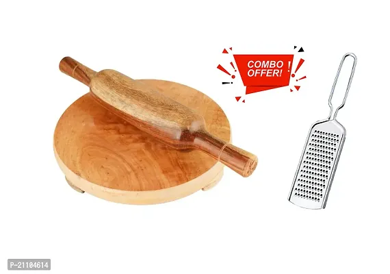 Wooden Chakla Belan Rolling Plate Roti Maker Rolling Pin/Chakla Belan with Stainless Steel Cheese Grater Combo Set of 3 pc for Kitchen-thumb0