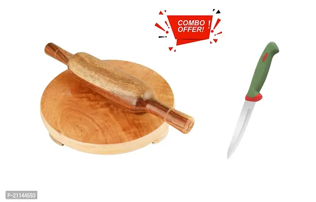 Wooden Chakla Belan Rolling Plate Roti Maker Rolling Pin/Chakla Belan with Soft Grip SS Blade knife Combo Set of 3 pc for Kitchen-thumb0