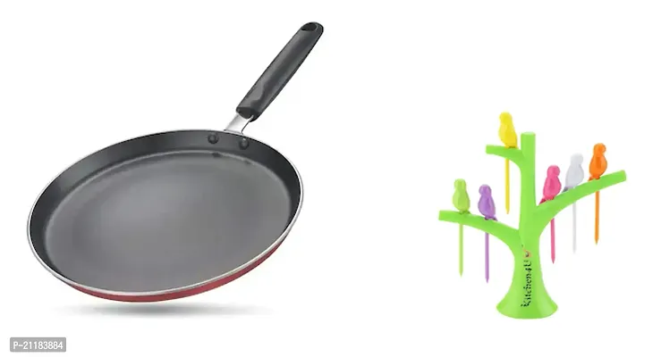 Sturdy Premium Non-Stick Tawa, 270 mm Diameter, 2.2 mm Thickness, ISI Marked With Bird Fork