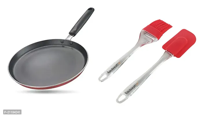 Sturdy Premium Non-Stick Tawa, 270 mm Diameter, 2.2 mm Thickness, ISI Marked With Big Sillicon Spatula Brush