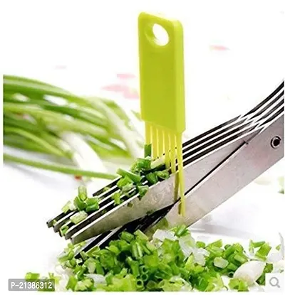 Premium Two Multi-Functional Stainless Steel Kitchen Knives 5 Layers Scissors Cut Herb Spices Cooking Tools Vegetable Cutter With Cleaning Brush, Pack Of 2, Color May Vary-thumb3