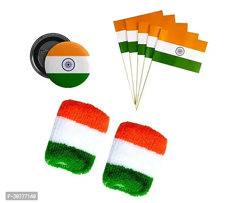 Combo of Tiranga Wrist Band, Flags and Round Pin Badge for Independence Day - Pack of 12-thumb0