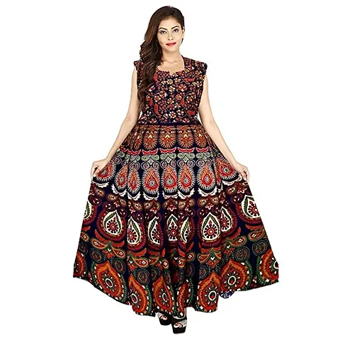 Krishna Store Women's Jaipuri Printed Cotton Febric Long Maxi Kurti Dress Free Size