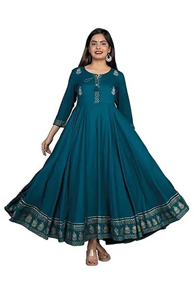 D S Enterprises Womens Border Embroidered Rayon Anarkali Kurta Gown/Embroidered Anarkali Kurta for Wedding/Solid Anarkali Kurta for Women/Flared Anarkali Gown for Women