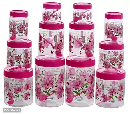 Classic Round Airtight Transparent Beauty Fresh Flower Printed Jars with Spoons 2pcs of 250ml 2pcs of 500ml 2pcs of 750ml 2pcs of 1000ml 2pcs of 1500ml 2pcs of 2000ml PINK Colour Pack of 12 pcs Jars and 12 pcs of Spoons PINK