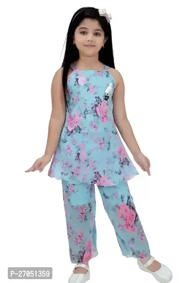 Stylish Blue Cotton Blend Top With Bottom Set For Girls