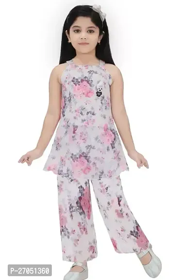 Stylish White Cotton Blend Top With Bottom Set For Girls