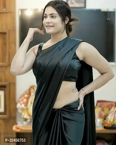 Stylish Black Satin Saree without Blouse