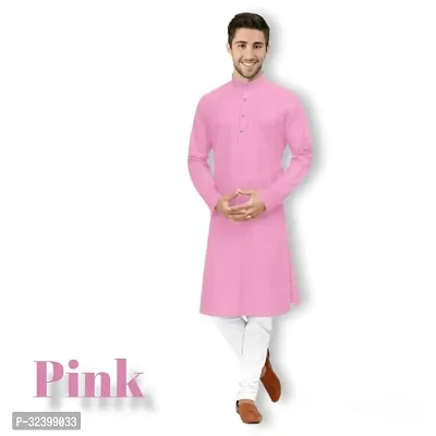 Reliable Pink Cotton Solid Long Length Kurta For Men-thumb0