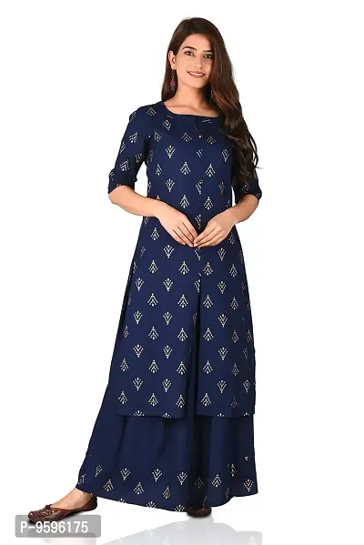 Arbutus Designer Full Printed Straight Kurti with Skirt Blue-thumb0