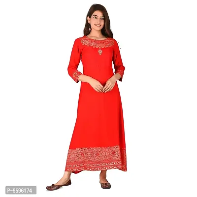 Arbutus Women's Designer Jaipuri Gold Printed Anarkali Kurti in Rayon (Red)-thumb0