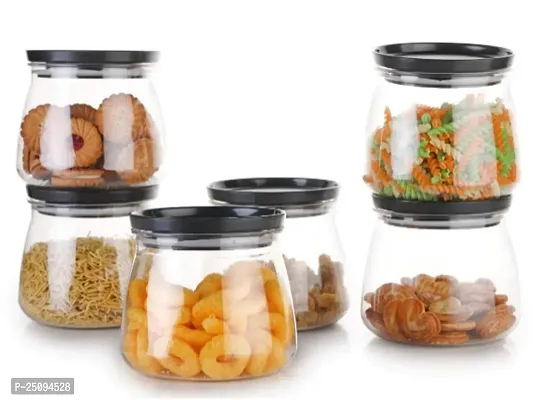 Plastic 800Ml 6 Pcs Unbreakable Storage Jar, Idle For Kitchen- Storage Box Lid Food Rice Pasta Pulses Container, Round Containers For Kitchen - Black-thumb0