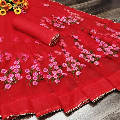 Beautiful Net Embroidered Saree with Blouse piece