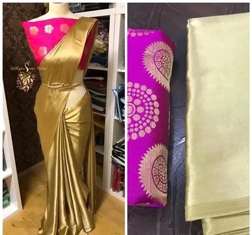 New Trendy Satin Solid Saree with Blouse piece