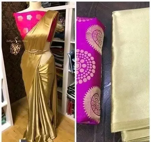 New Trendy Satin Solid Saree with Blouse piece