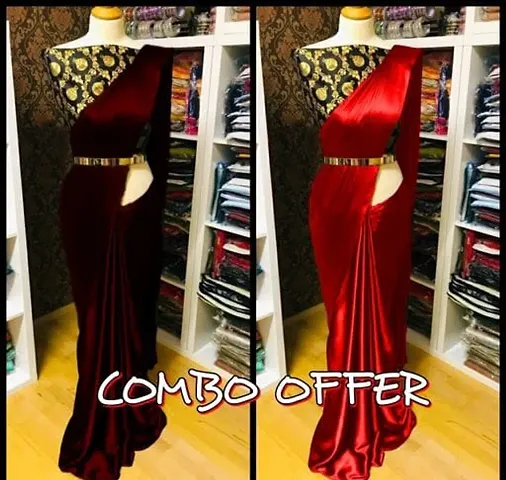 Combo of 2. Trendy Satin Solid Sarees With Blouse Piece