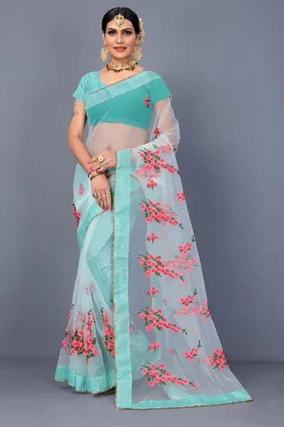 Breathable Fancy Net Embroidered Lace Border Sarees