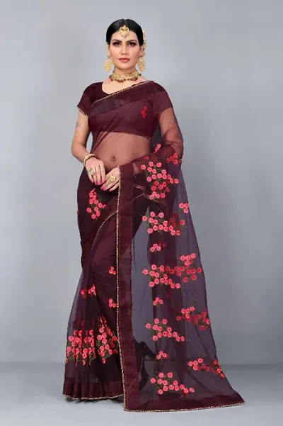 Breathable Fancy Net Embroidered Lace Border Sarees
