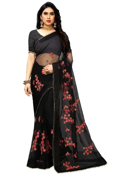 Floral Embroidered Net Sarees With Blouse Piece