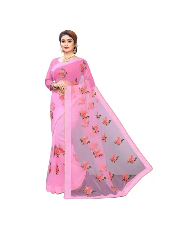 Beautiful fancy Stylist net fabric embroidery Saree With classy silk Blouse Piece