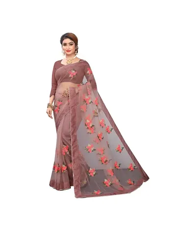 Beautiful fancy Stylist net fabric embroidery Saree With classy silk Blouse Piece