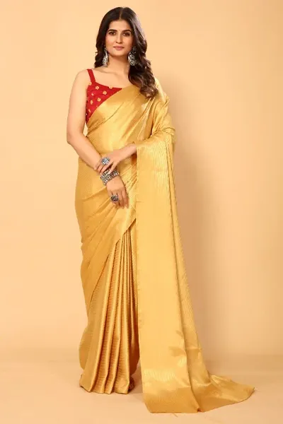 Embroidered Bollywood Satin Saree  (Gold)