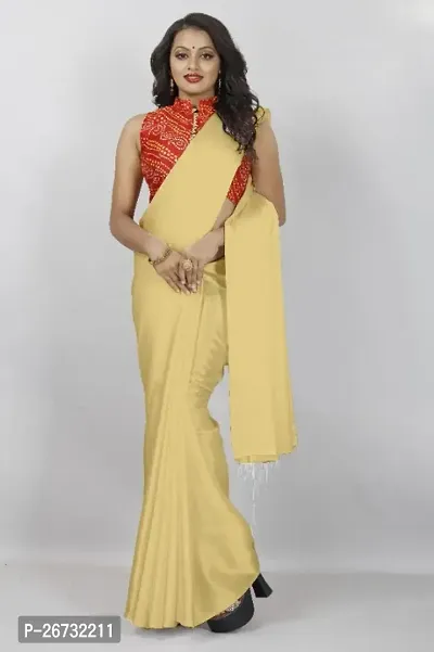 satin plain saree with Printed Blouse-thumb0