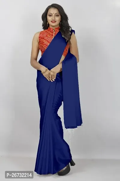 satin plain saree with Printed Blouse