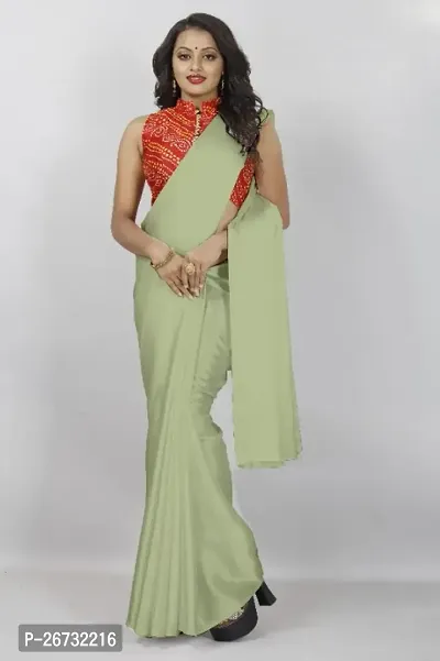 satin plain saree with Printed Blouse