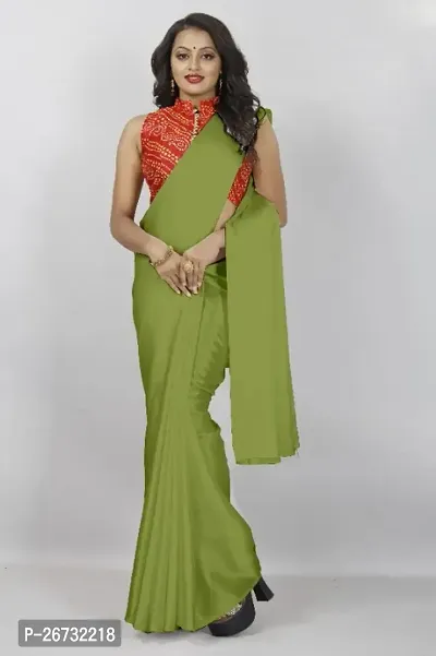 satin plain saree with Printed Blouse