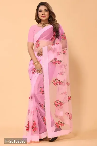 Beautiful Soft Net Material Floral Embroidery Work Saree With Blouse Piece-thumb0