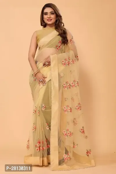 Beautiful Soft Net Material Floral Embroidery Work Saree With Blouse Piece