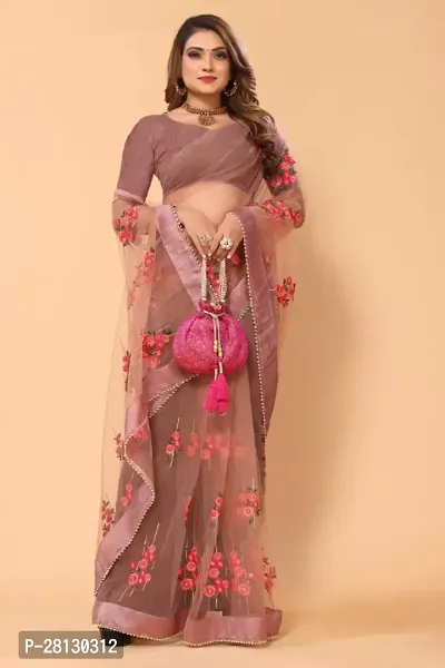 Beautiful Soft Net Floral Embroidery Work Saree With Blouse Piece