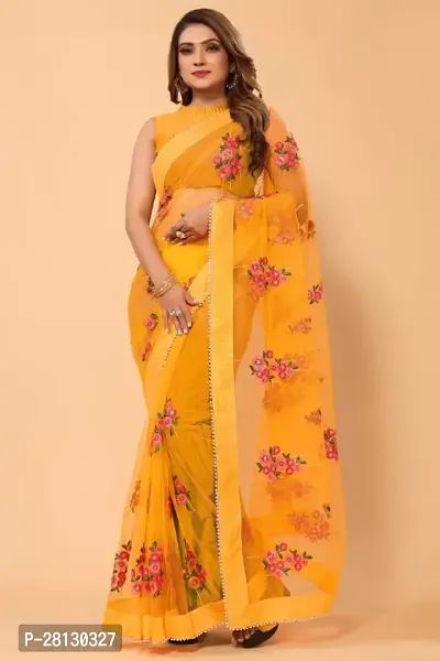 Beautiful Soft Net Material Floral Embroidery Work Saree With Blouse Piece