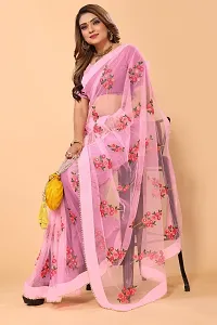 Beautiful Soft Net Material Floral Embroidery Work Saree With Blouse Piece-thumb2