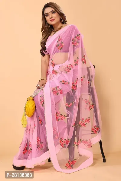 Beautiful Soft Net Material Floral Embroidery Work Saree With Blouse Piece-thumb3