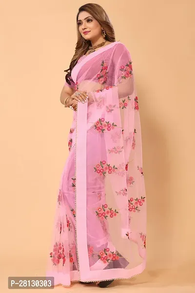 Beautiful Soft Net Material Floral Embroidery Work Saree With Blouse Piece-thumb5