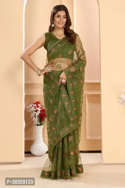 Designer Net Floral Embroidery Saree With Unstitched Blouse Piece-thumb0