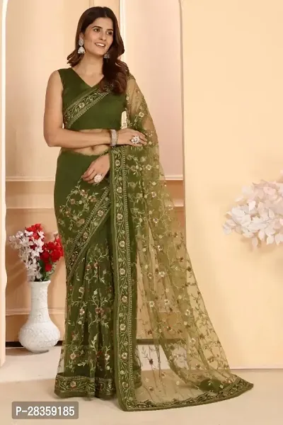 Designer Net Floral Embroidery Saree With Unstitched Blouse Piece