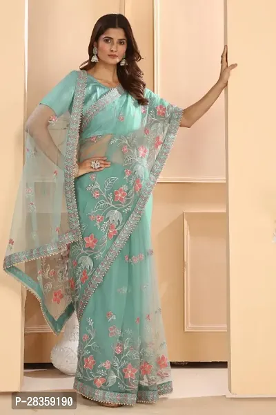 Designer Net Floral Embroidery Saree With Unstitched Blouse Piece