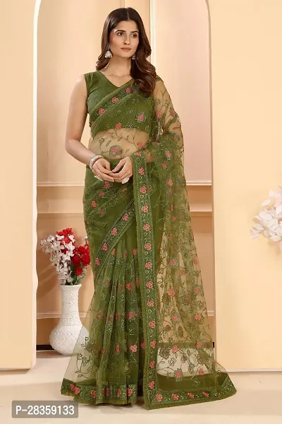 Designer Net Floral Embroidery Saree With Unstitched Blouse Piece-thumb3