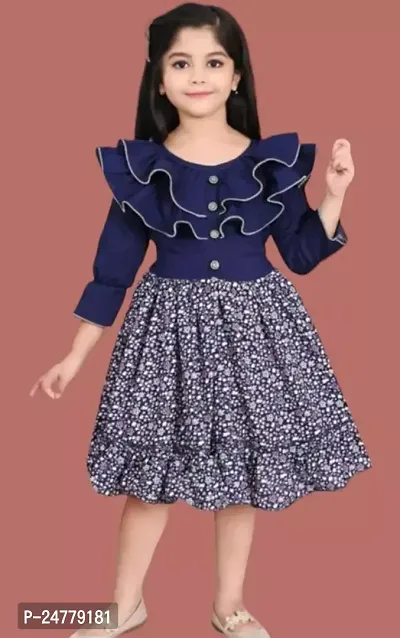 Trendy Navy Blue Crepe Self Pattern Frocks For Girls-thumb0