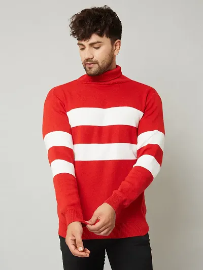 Trendy Acrylic Red Colourblocked High Neck Sweater For Men