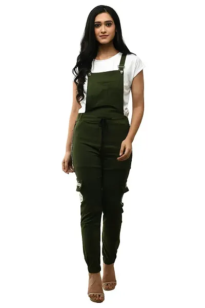 Stylish Green Cotton Solid Dungarees For Women