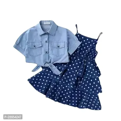 Girl's Crepe Polka Dot Frill Dress With Denim Jacket