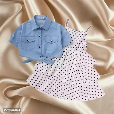 Girl's Crepe Polka Dot Frill Dress With Denim Jacket-thumb0