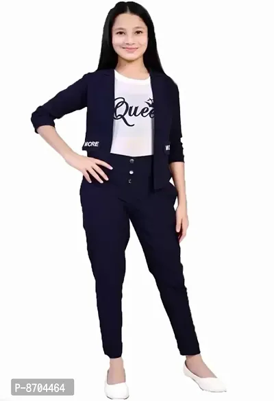 Girl Pretty Trendy Latest Fashionable Three Pieces Set-1 Queen Printed T Shirt, Three-Quarter Sleeve Jacket  Navy Pant Dress Set 8-9 Years, 9,10 Years, 10-11 Years, 11-12 Years, 12-13 13-14 Years